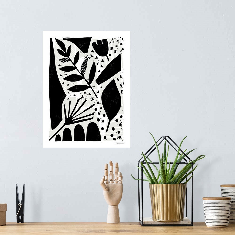 A bohemian room featuring Abstract floral block print with wood grain background.