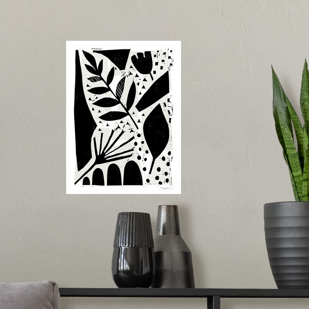 A modern room featuring Abstract floral block print with wood grain background.