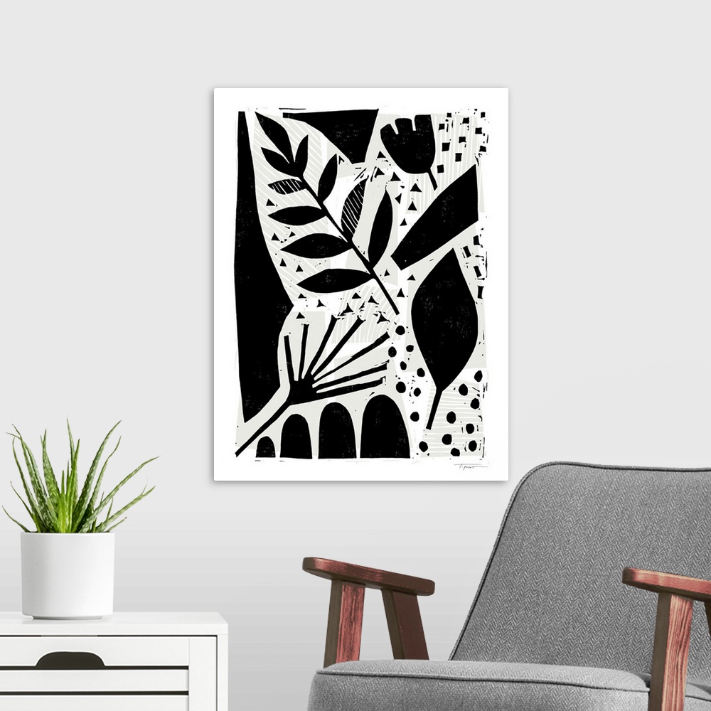 A modern room featuring Abstract floral block print with wood grain background.