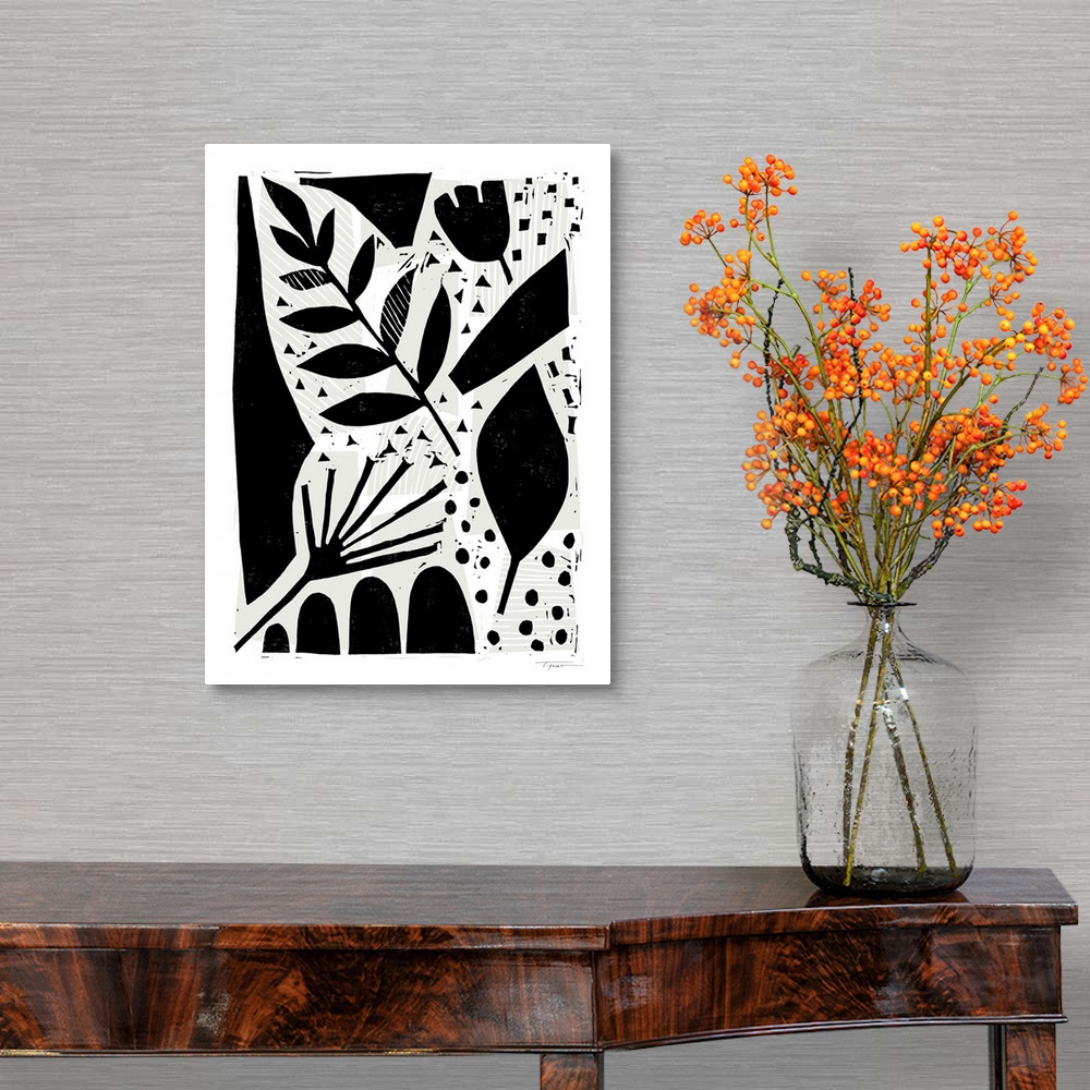 A traditional room featuring Abstract floral block print with wood grain background.