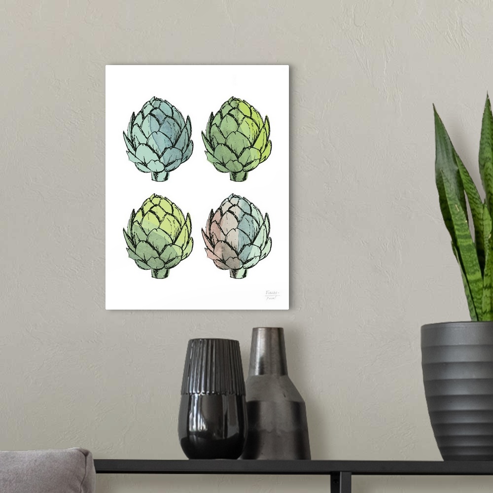 A modern room featuring Four watercolor artichokes.