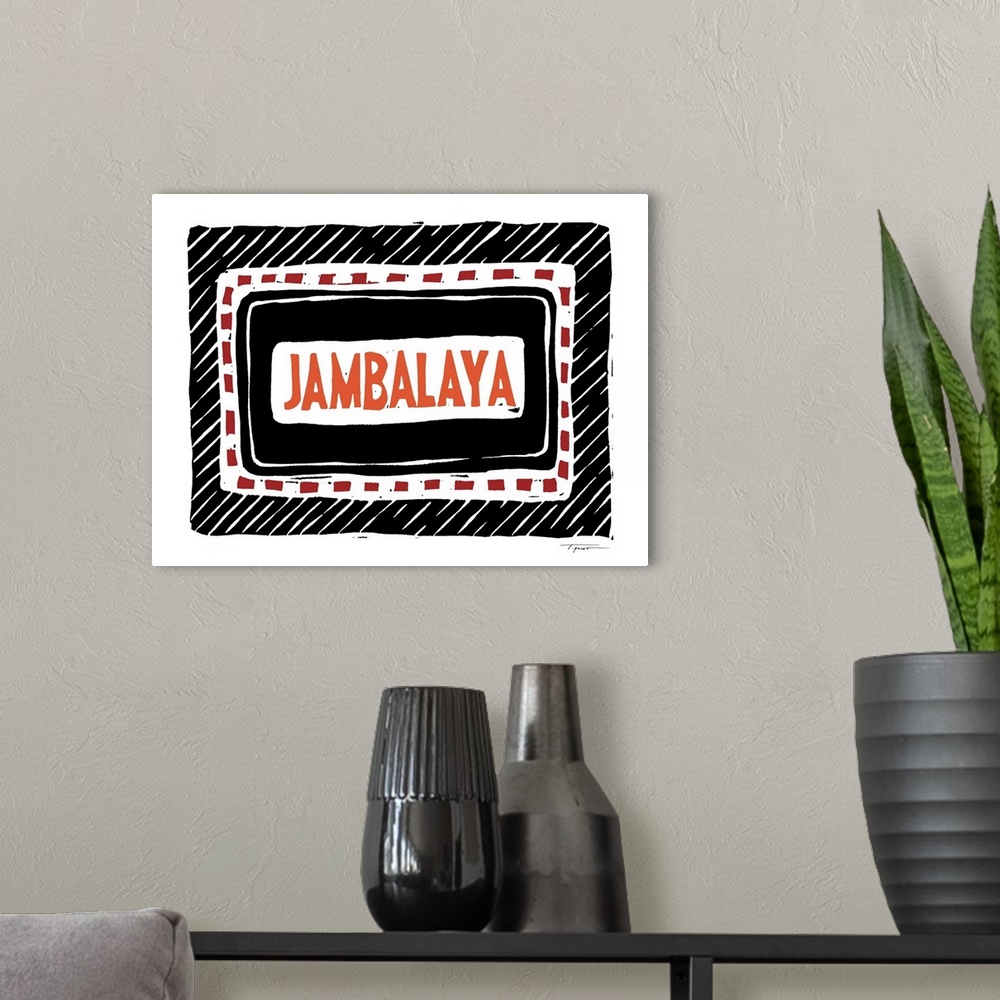 A modern room featuring Jambalaya kitchen print in black, orange, and red.