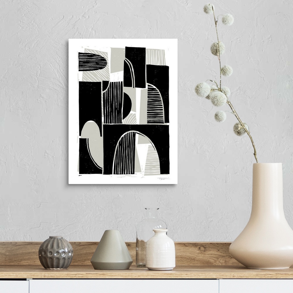 A farmhouse room featuring Modern abstract block print with taupe background shapes and black foreground shapes.