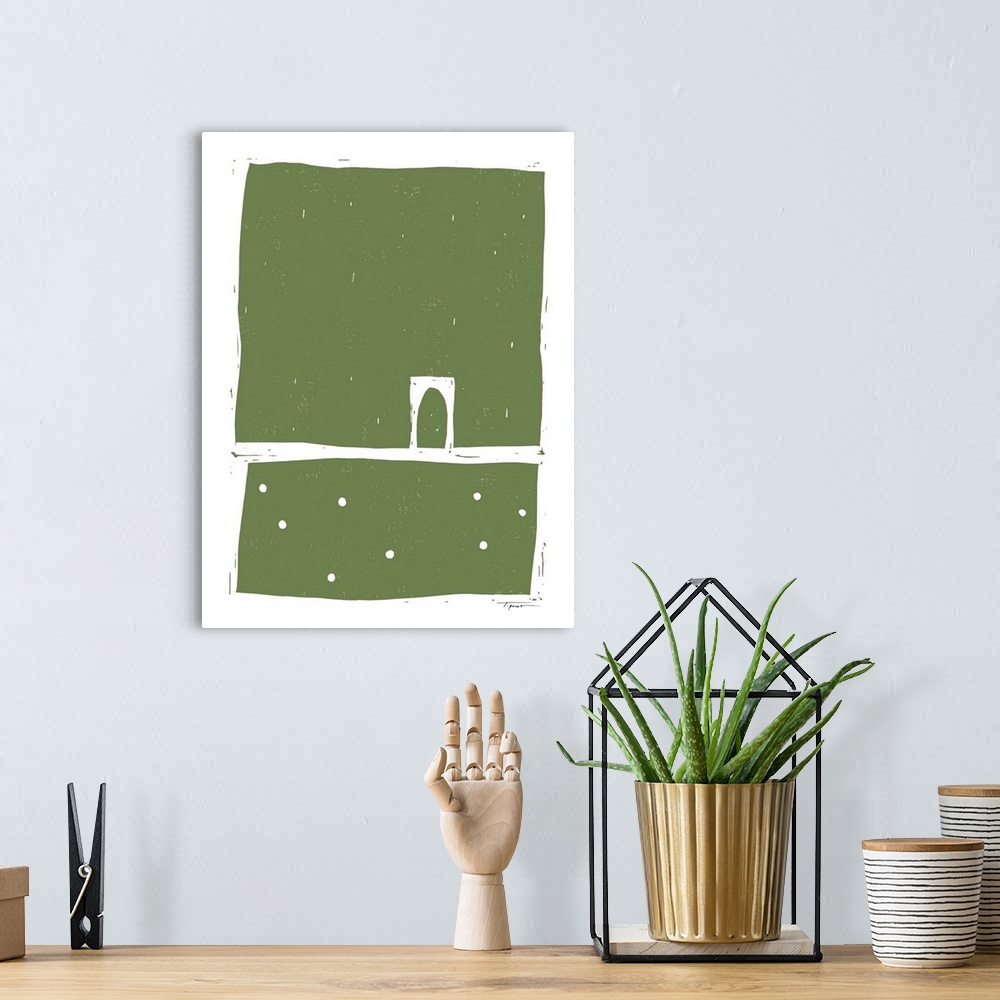 A bohemian room featuring Modern army green block print with large abstract shapes.
