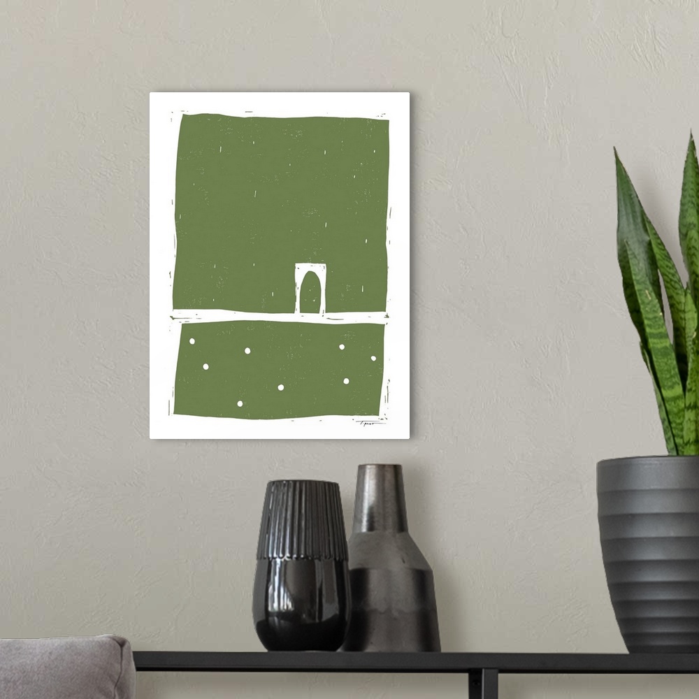 A modern room featuring Modern army green block print with large abstract shapes.