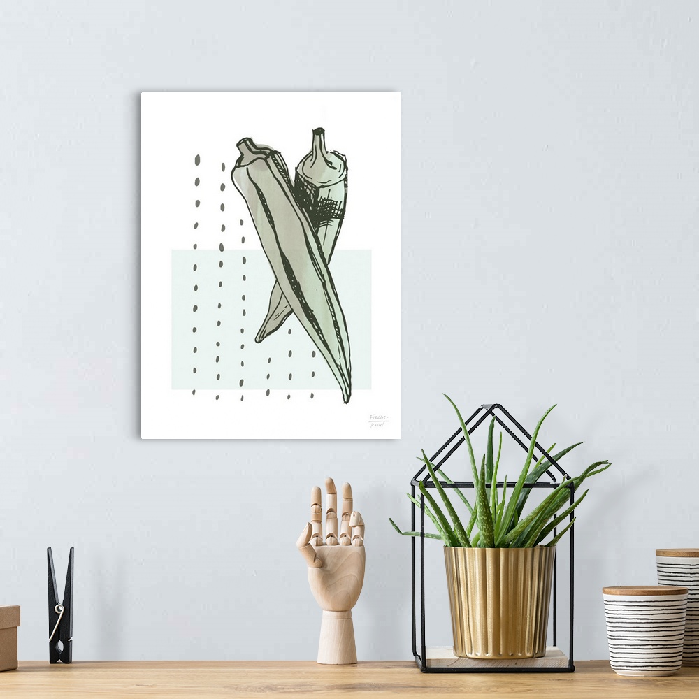 A bohemian room featuring Watercolor kitchen print with okra and abstract shapes in green.