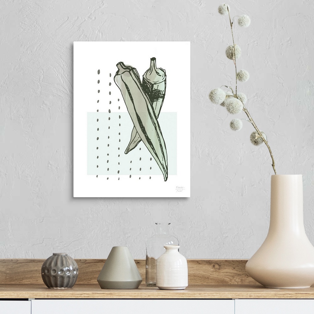 A farmhouse room featuring Watercolor kitchen print with okra and abstract shapes in green.