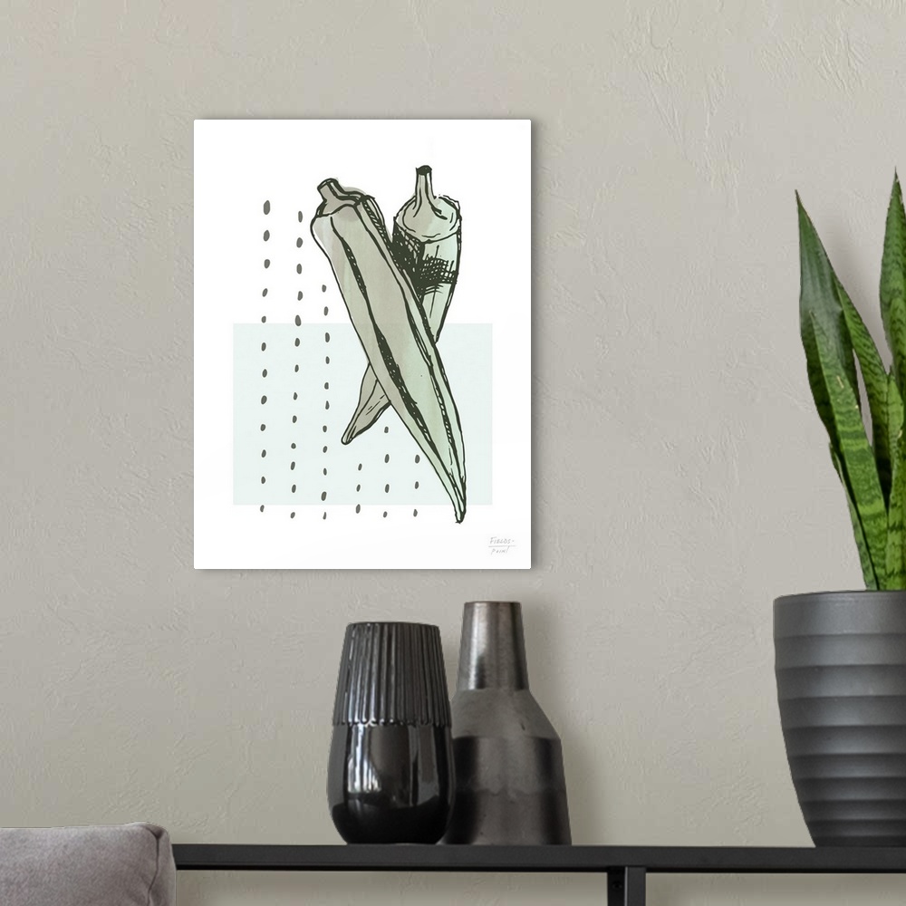 A modern room featuring Watercolor kitchen print with okra and abstract shapes in green.