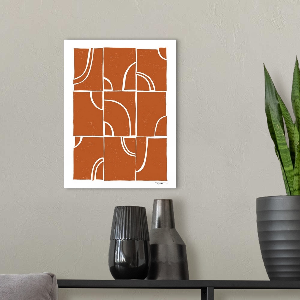 A modern room featuring Modern block print shapes with arches in the color burnt orange.