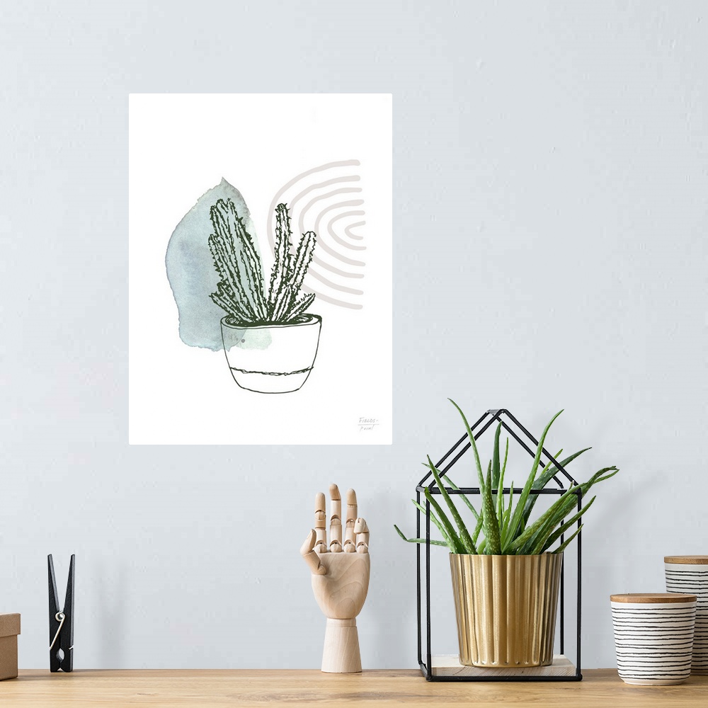 A bohemian room featuring Watercolor and ink painting of a potted succulent plant.