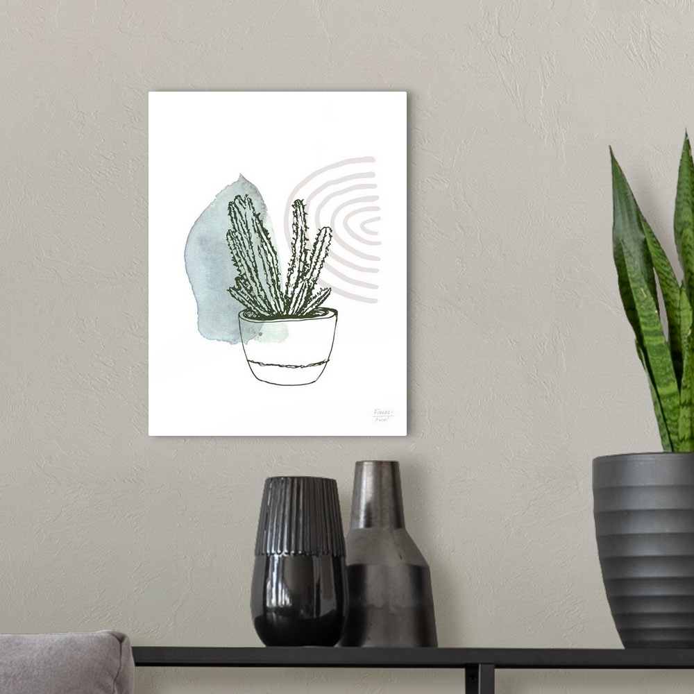 A modern room featuring Watercolor and ink painting of a potted succulent plant.