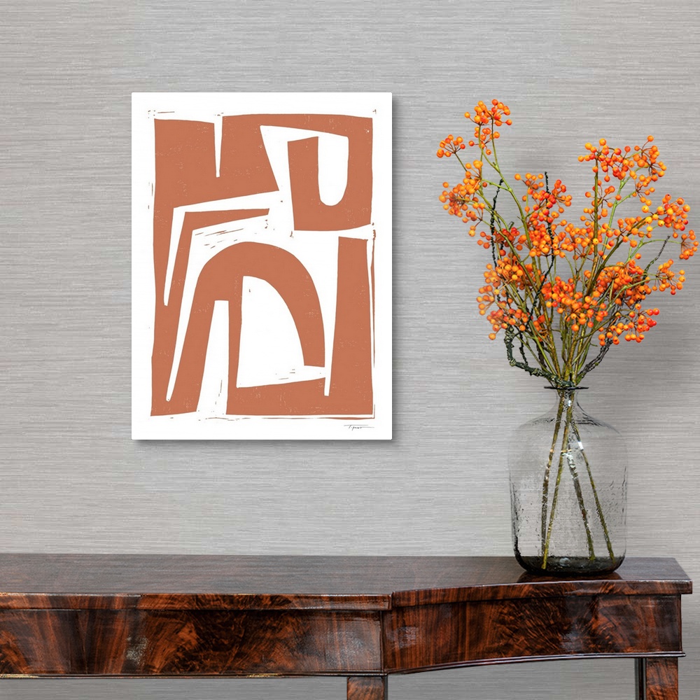 A traditional room featuring Abstract tribal block print in the color terra cotta.