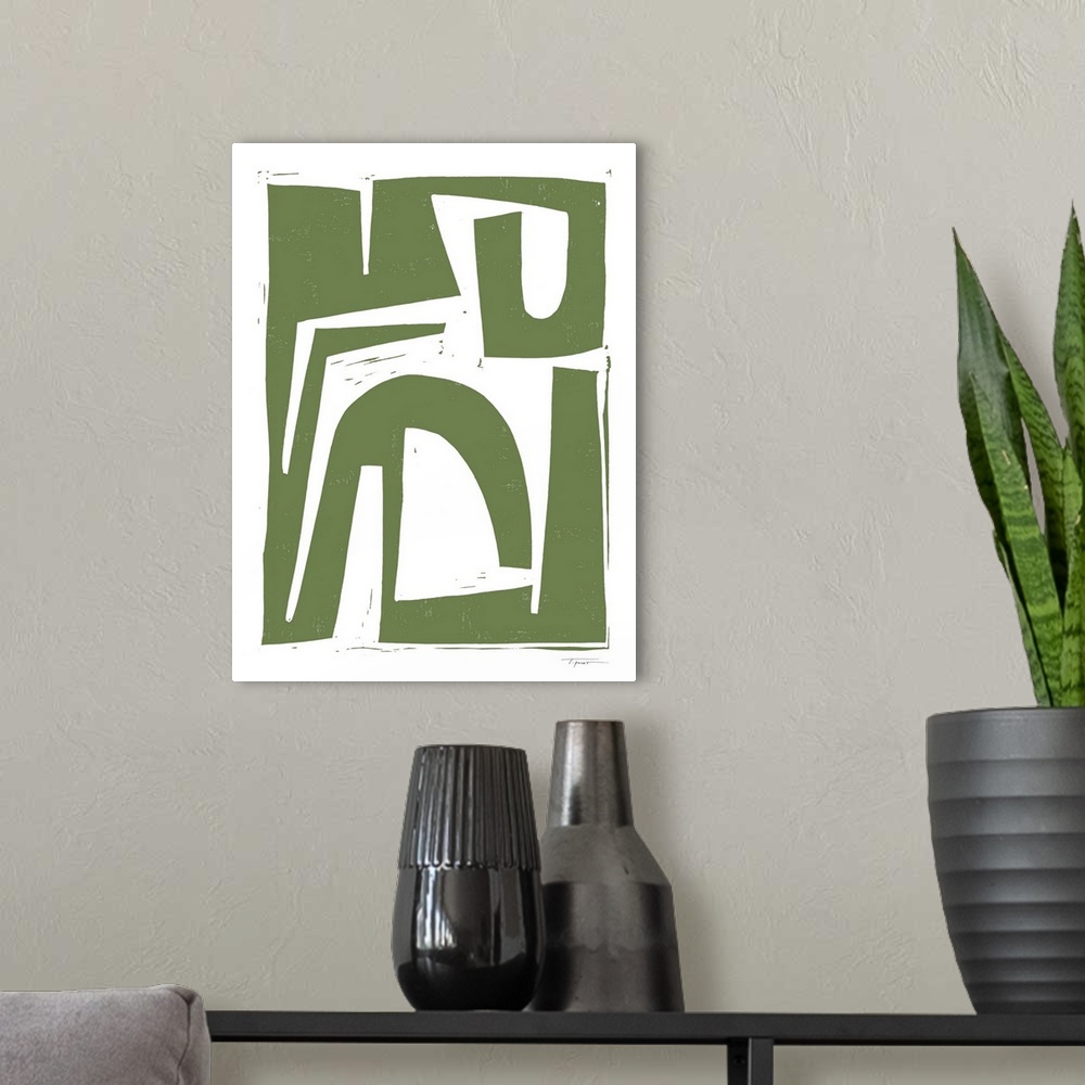 A modern room featuring Abstract tribal block print in the color army green.