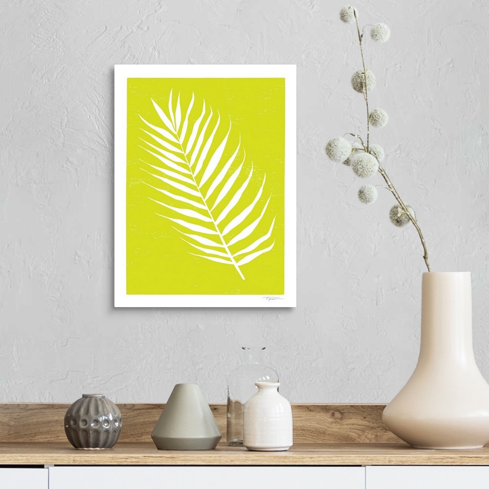 A farmhouse room featuring Minimalist block print palm leaf in the color chartreuse.