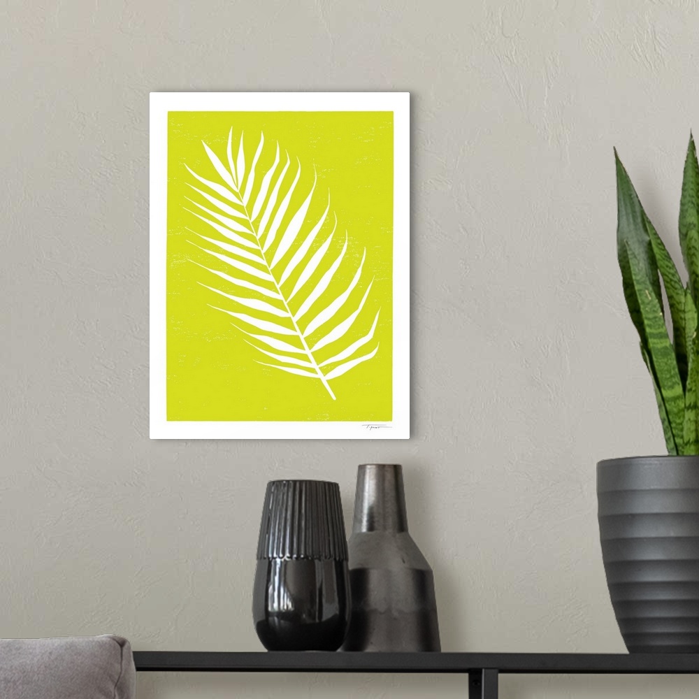 A modern room featuring Minimalist block print palm leaf in the color chartreuse.