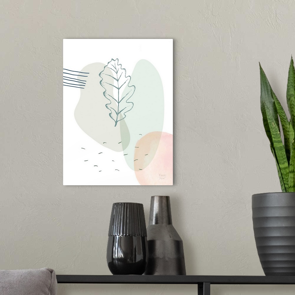 A modern room featuring Watercolor painting with white oak leaf and abstract shapes in background.
