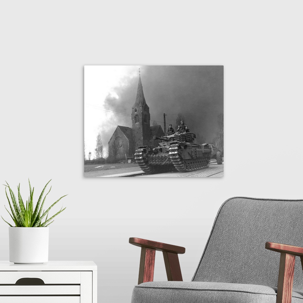 A modern room featuring A British Churchill flame throwing tank in Sterkrade, Germany, against a background of smoke from...