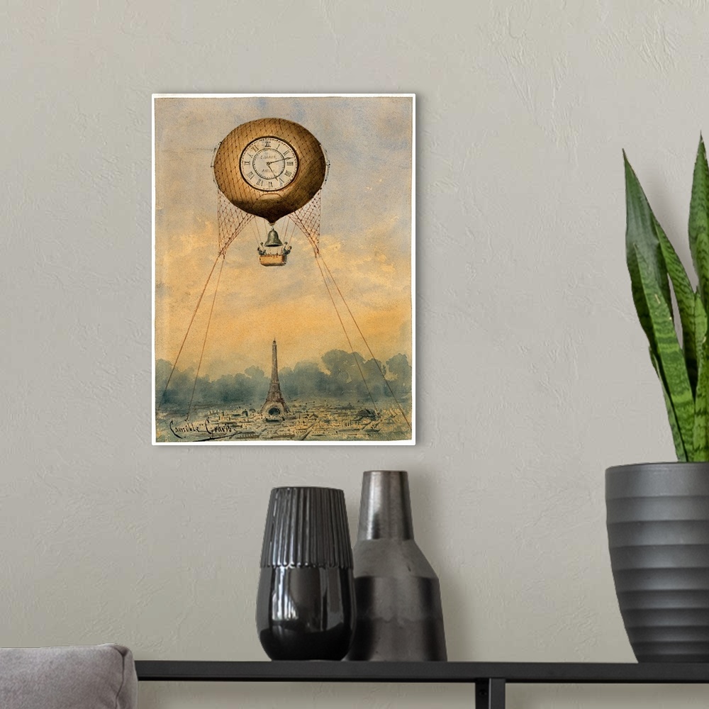 A modern room featuring A hot air balloon suspended above the Eiffel Tower in Paris, France. Watercolor by Camille Gr?vis...