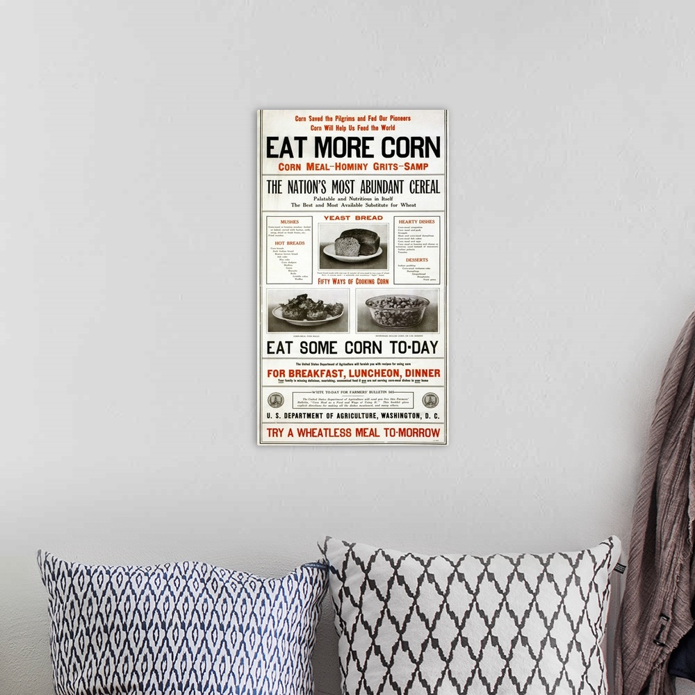 A bohemian room featuring A poster issued by the U.S. Department of Agriculture promoting the use of corn, 1917.