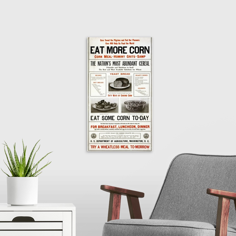 A modern room featuring A poster issued by the U.S. Department of Agriculture promoting the use of corn, 1917.