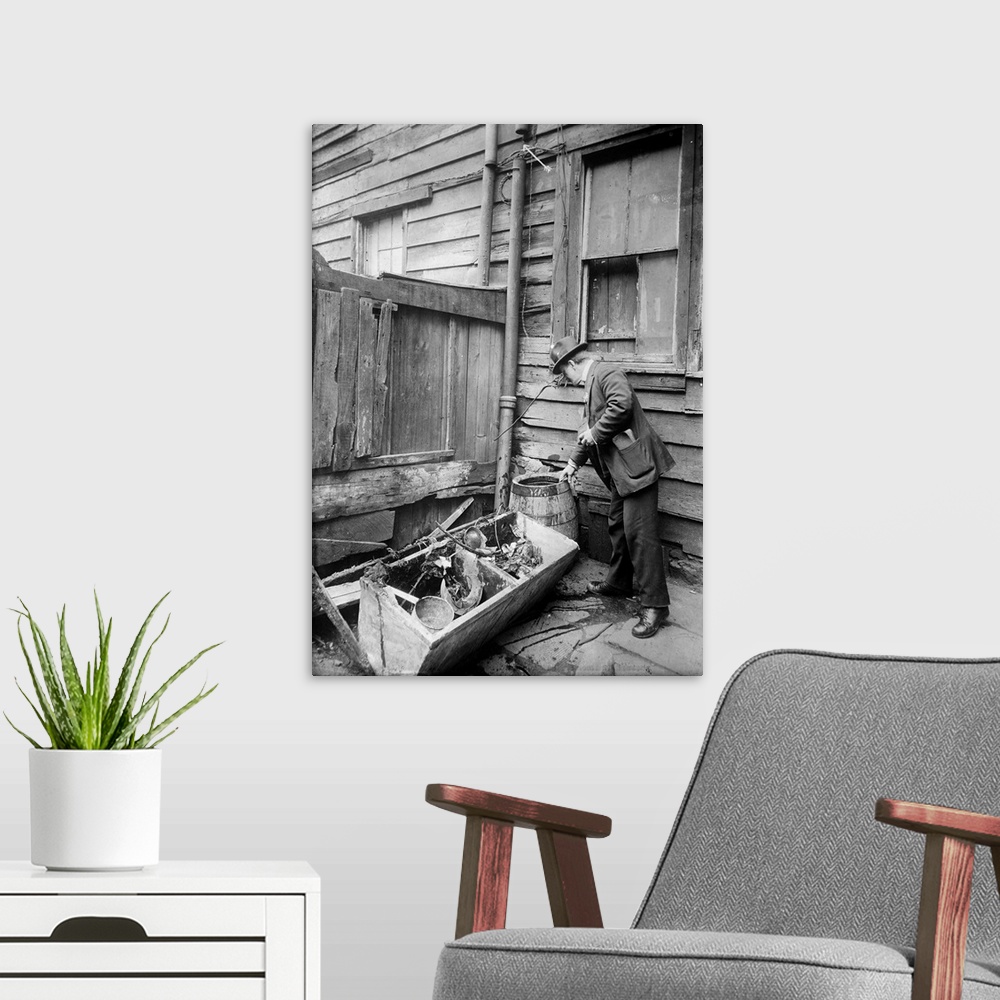 A modern room featuring A public health inspector identifying mosquito breeding areas in the backyards of tenement buildi...