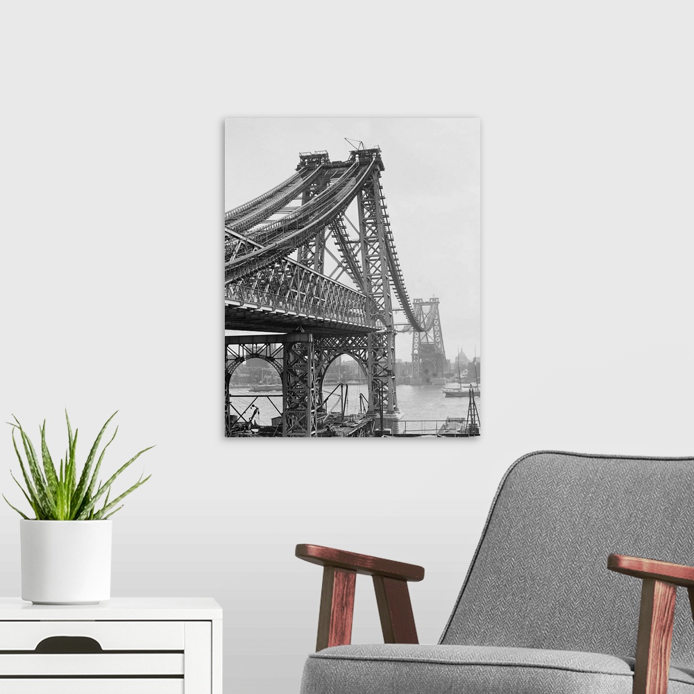 A modern room featuring A view of the bridge from Brooklyn, New York. Photograph, c1903.