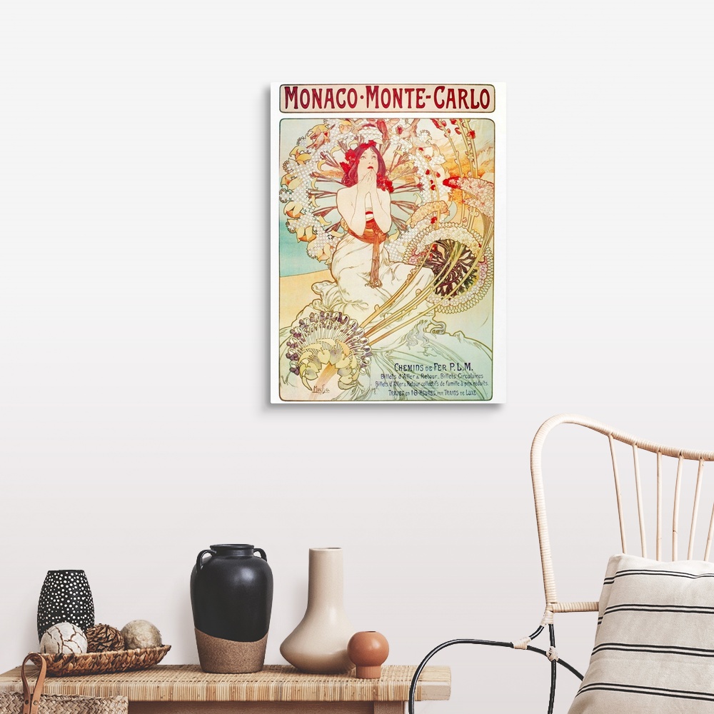 A farmhouse room featuring Advertisement for Monaco and Monte Carlo. Lithograph by Alphonse Mucha, 1897.