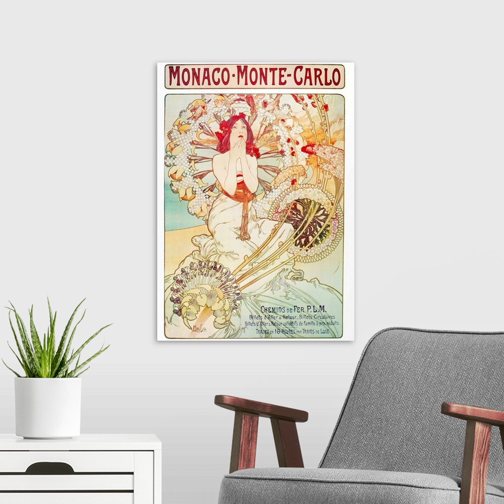 A modern room featuring Advertisement for Monaco and Monte Carlo. Lithograph by Alphonse Mucha, 1897.