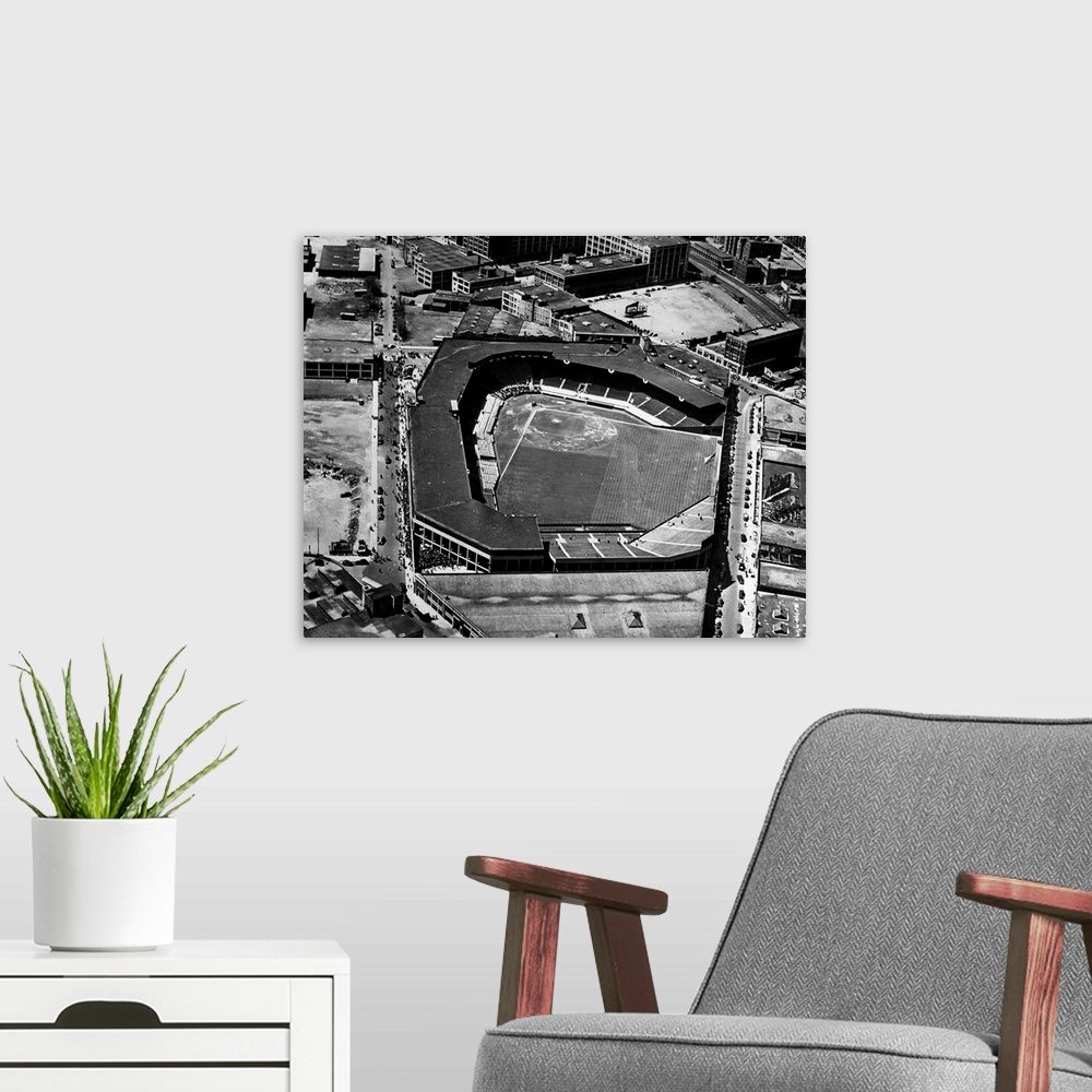 A modern room featuring Aerial view of Fenway Park in Boston, Massachusetts, home of the Boston Red Sox. Photographed by ...