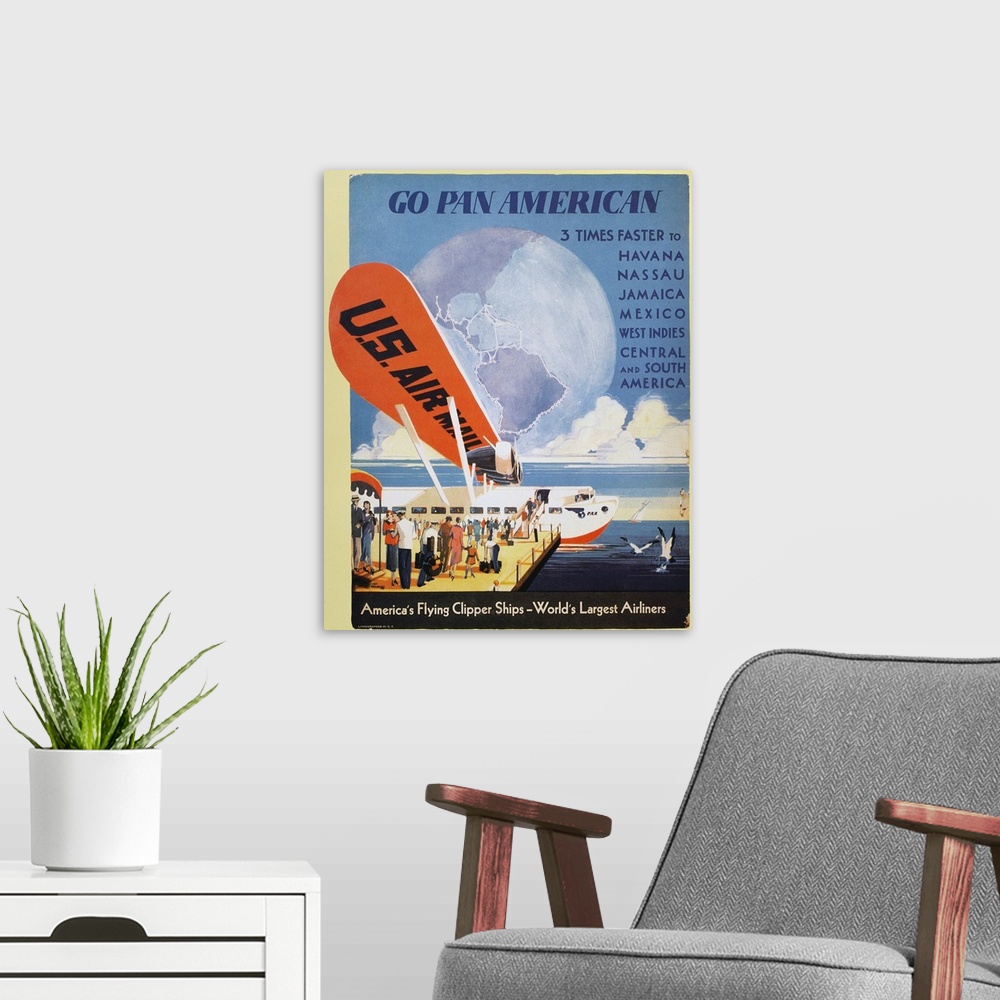 A modern room featuring A Pan American Airways counter-top display from 1933 featuring an S-40 airplane.