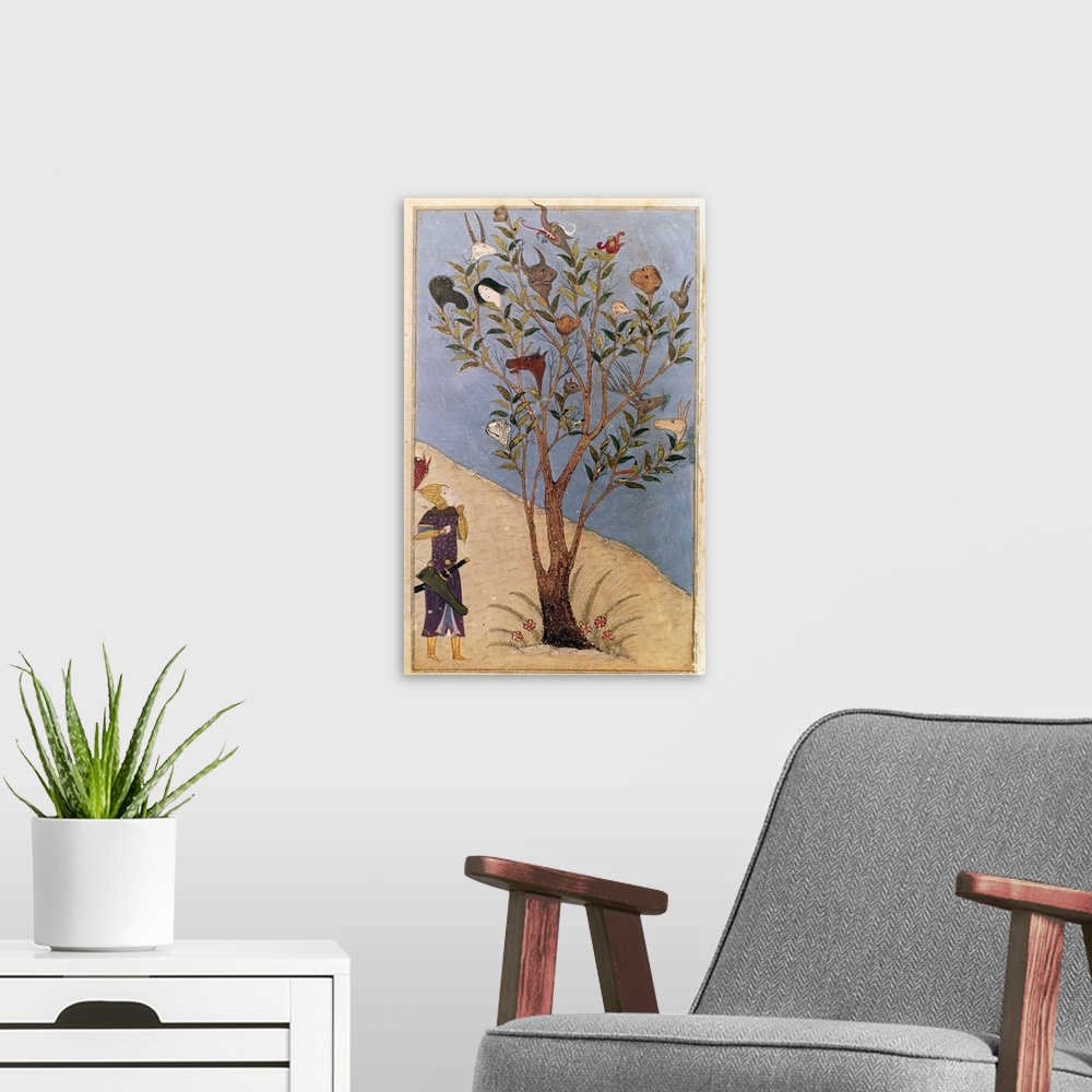 A modern room featuring Alexander the Great contemplates the Talking Tree during the end of his travels. Illumination fro...