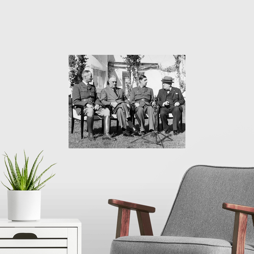 A modern room featuring Allied leaders at the Casablanca Conference held at the Hotel Anfa in Casablanca, Morocco, Januar...