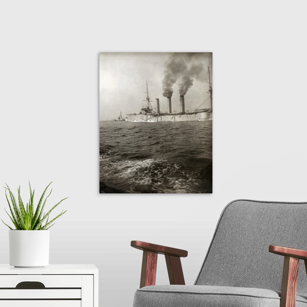 A modern room featuring An American cruise ship being guided by a tugboat past the Statue of Liberty, as it arrives in Ne...