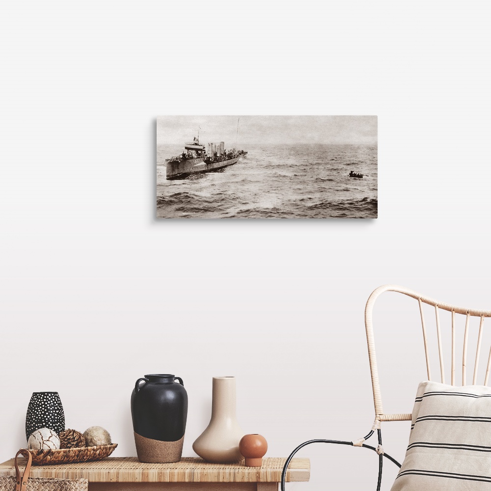 A farmhouse room featuring An American steamship preparing to take on board a boatload of survivors of a submarine wreck dur...