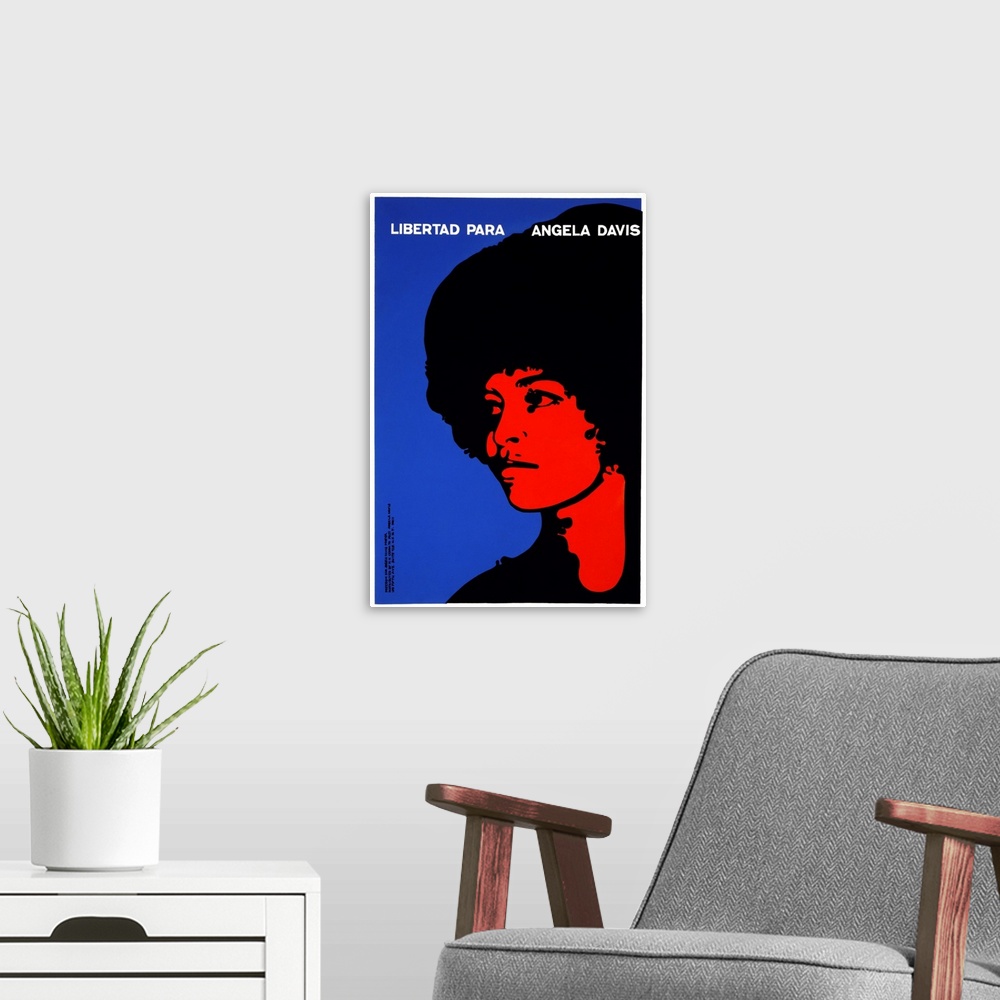 A modern room featuring ANGELA DAVIS (1944- ). American poltical activist. 'Libertad para Angela Davis.' Poster issued by...