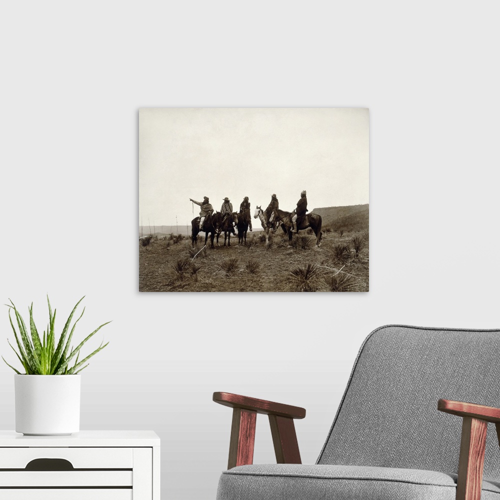 A modern room featuring Apache Men, c1903. 'The Lost Trail.' A Group Of Apache Men On Horseback. Photograph By Edward S. ...