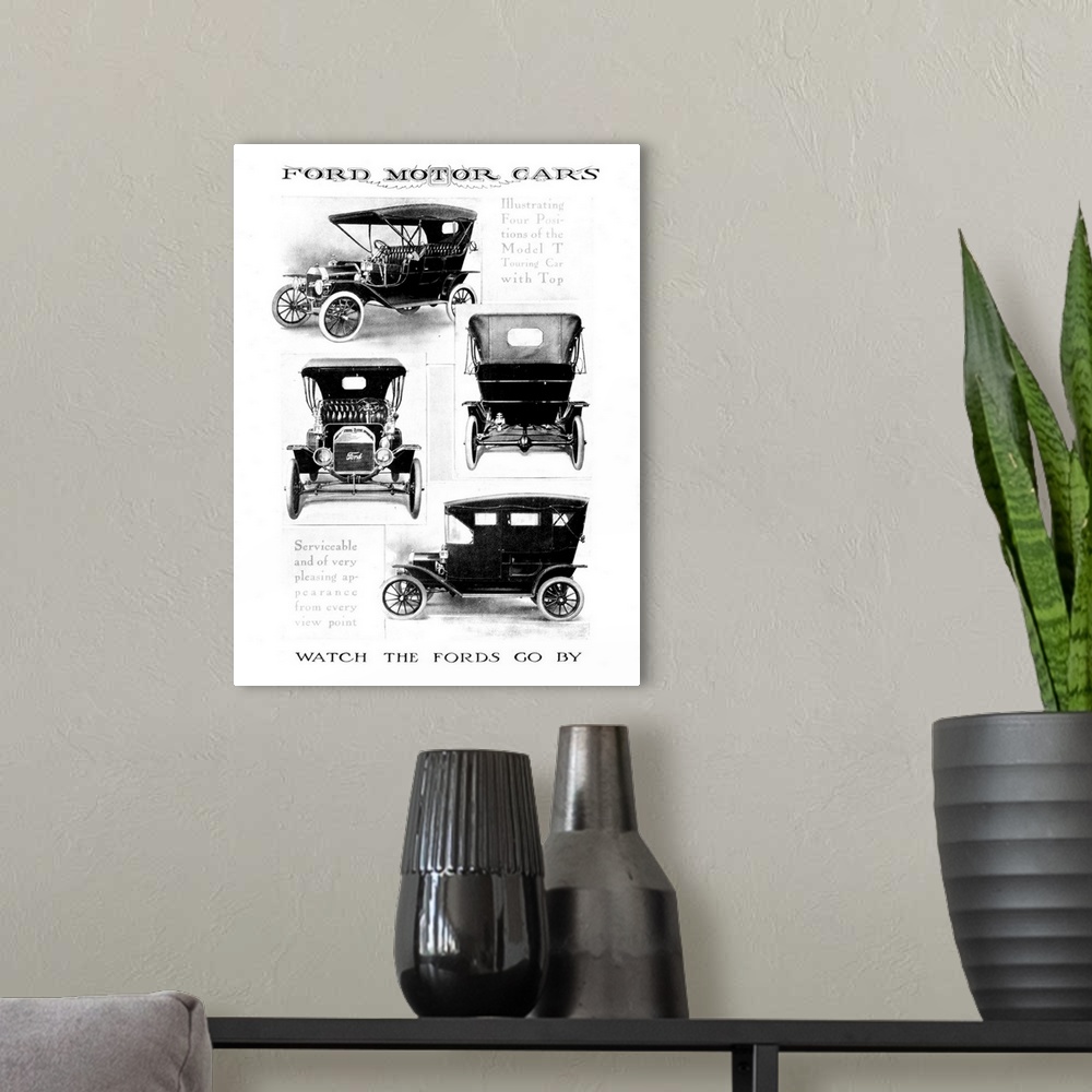 A modern room featuring Advertisement for the Ford Model T, 1912.