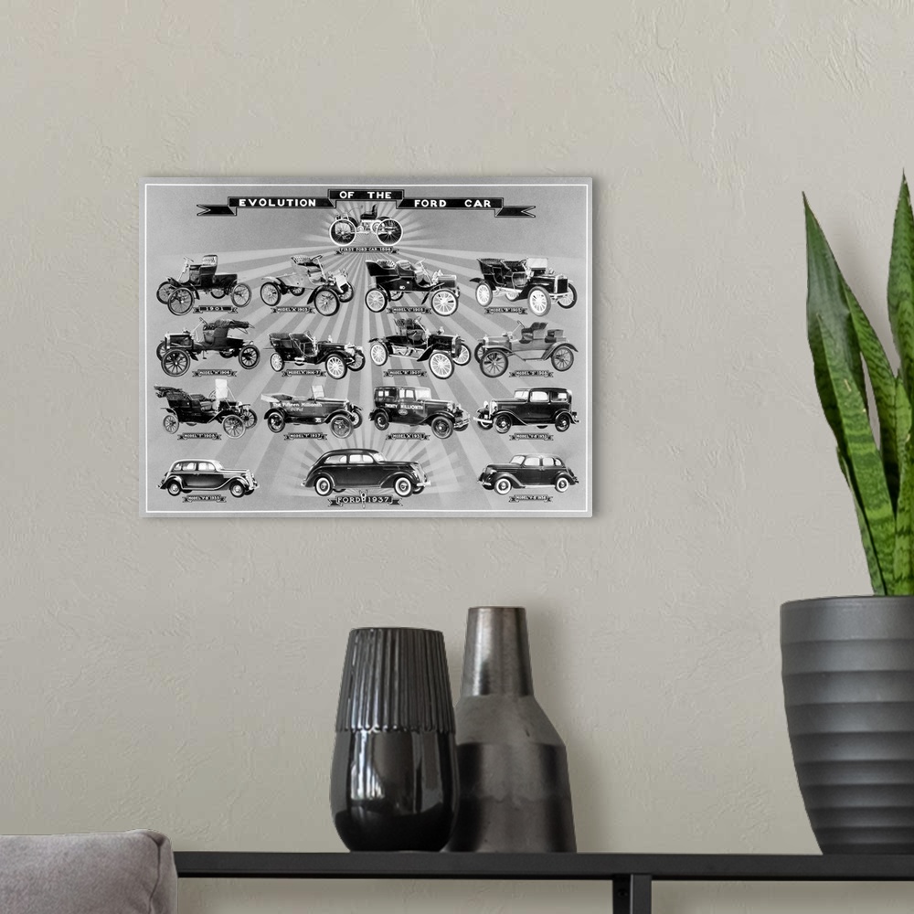 A modern room featuring Evolution of the Ford Car. Models from 1896 to 1937.