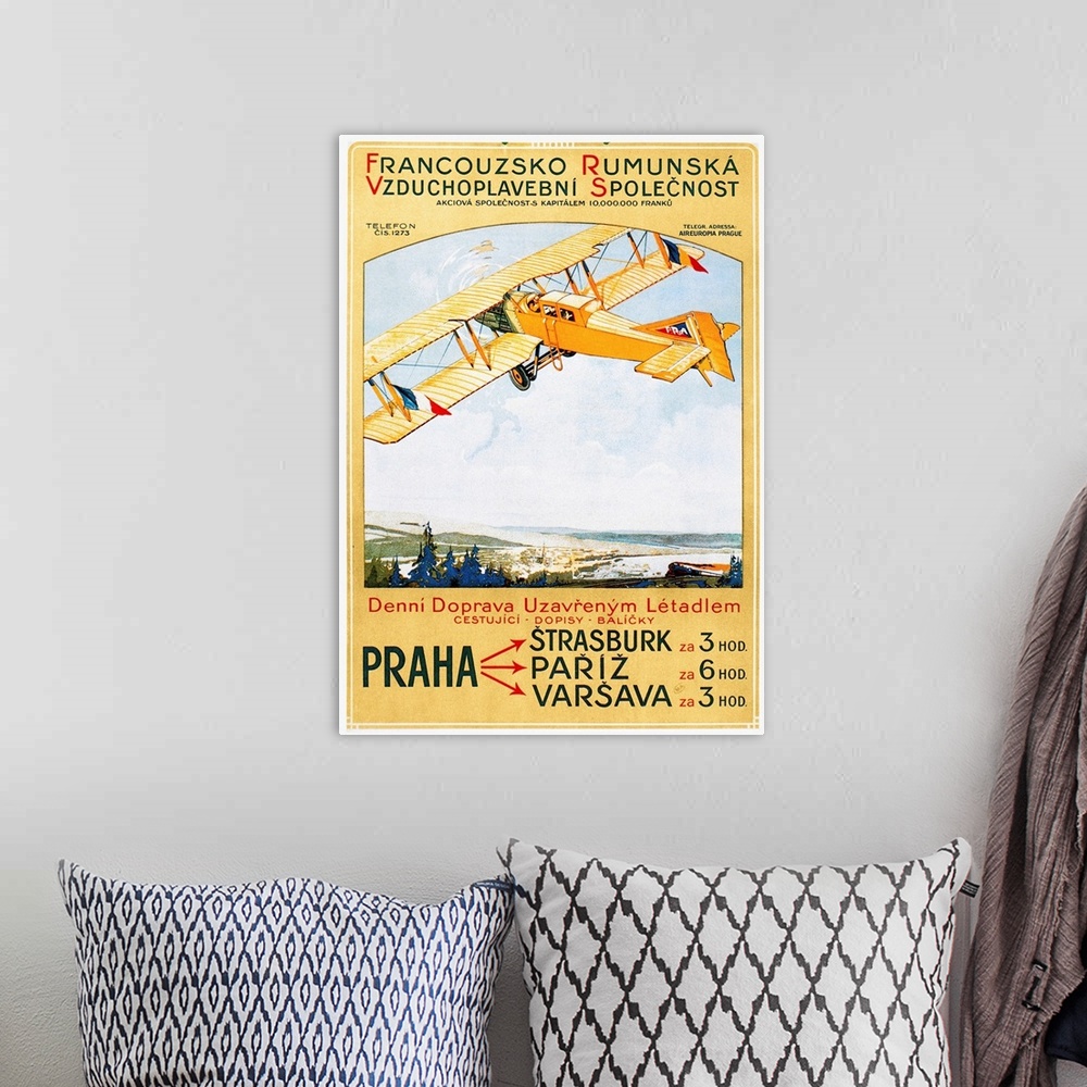 A bohemian room featuring Poster for the Franco-Roumaine passenger airline which flew between Eastern Europe and France, de...