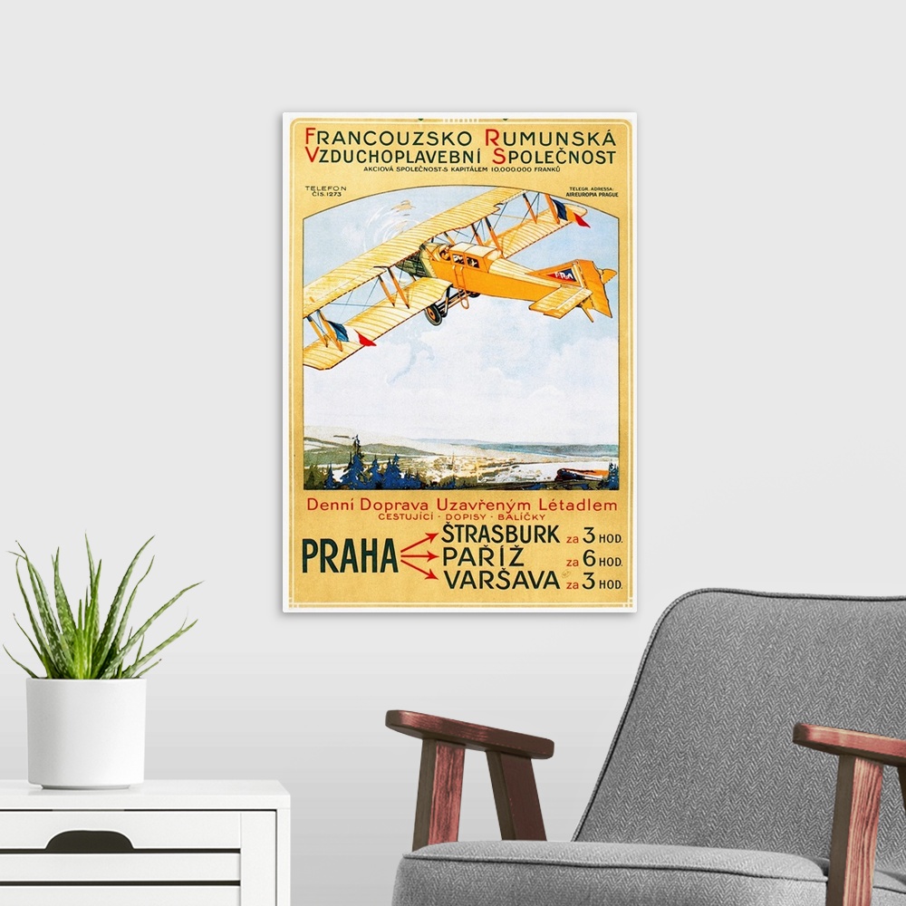 A modern room featuring Poster for the Franco-Roumaine passenger airline which flew between Eastern Europe and France, de...