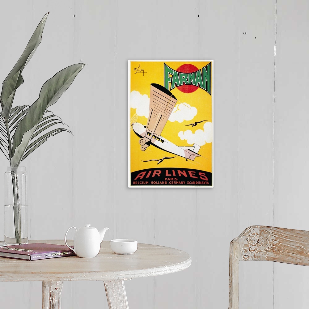 A farmhouse room featuring Poster for the French airline company Farman, 1926, depicting the Farman F-170 Jabiru passenger p...