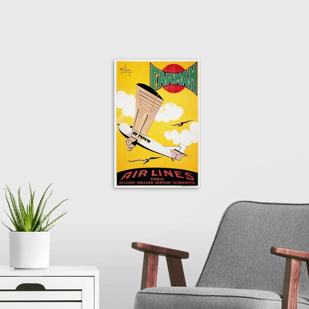 A modern room featuring Poster for the French airline company Farman, 1926, depicting the Farman F-170 Jabiru passenger p...