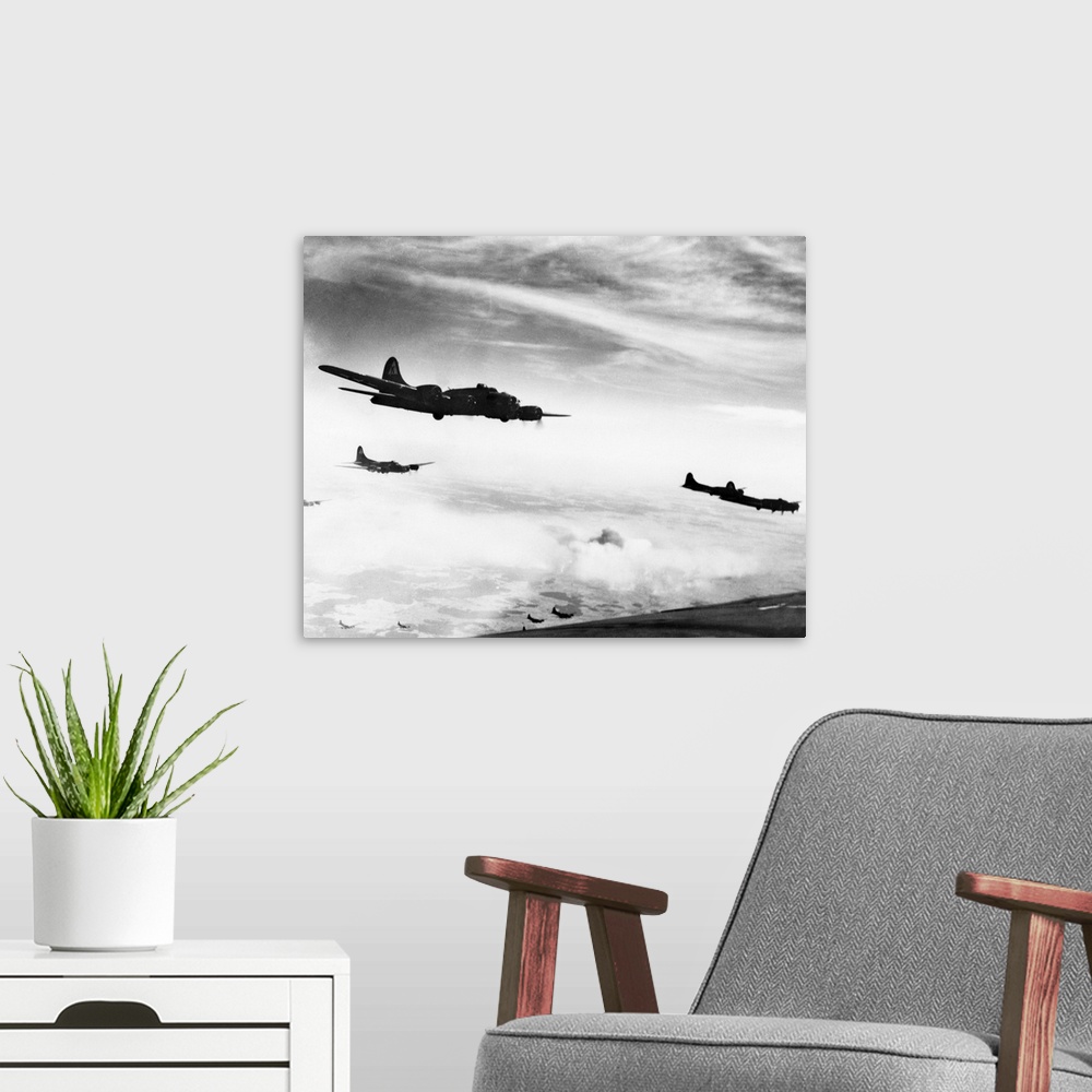 A modern room featuring B-17 Flying Fortresses of the U.S. Air Force flying over Schweinfurt, Germany. Photograph, c1944.