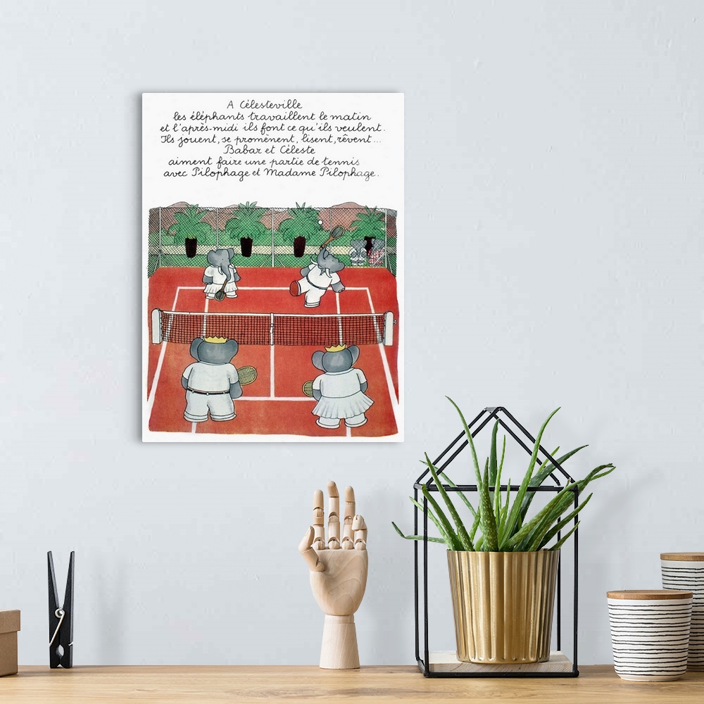 A bohemian room featuring Babar, king of the elephants, and Celeste playing tennis at Celesteville. Illustration from one o...