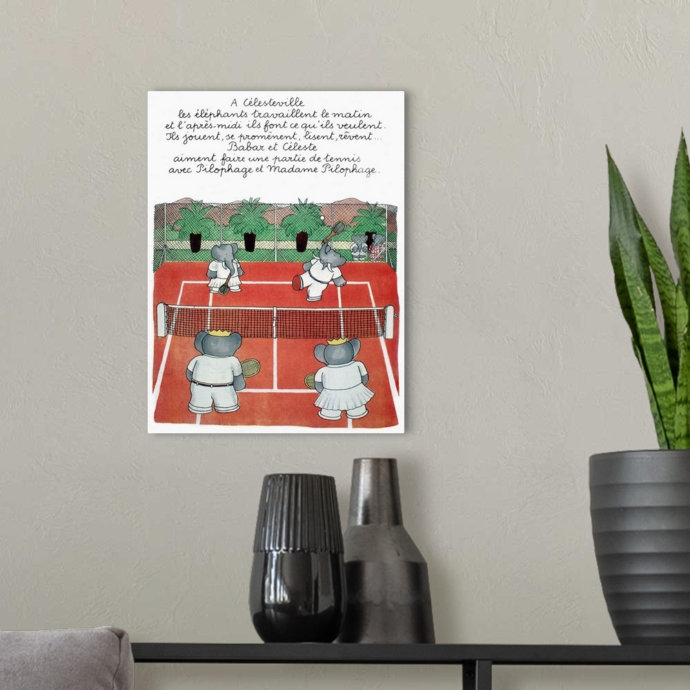 A modern room featuring Babar, king of the elephants, and Celeste playing tennis at Celesteville. Illustration from one o...