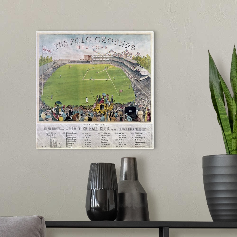 A modern room featuring The Polo Grounds in Upper Manhattan, New York, on a lithograph poster, giving the schedule of the...
