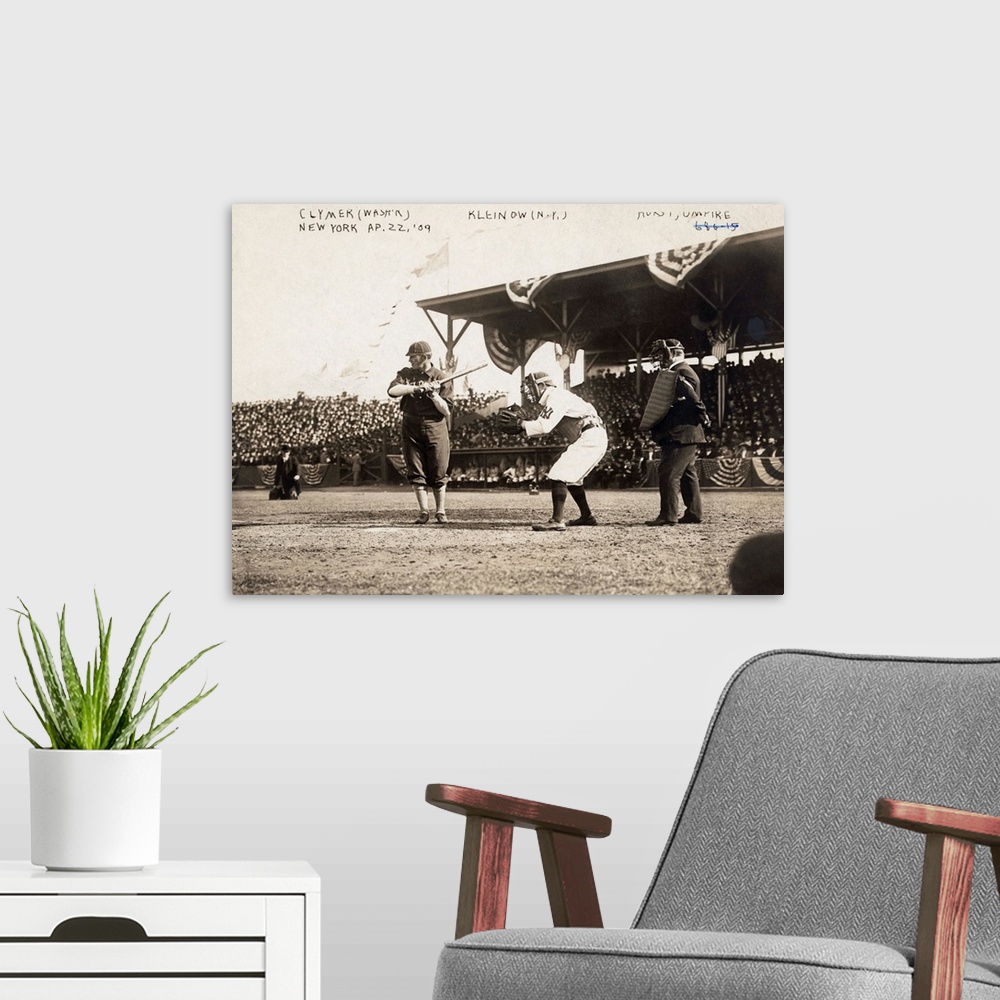 A modern room featuring Baseball game between the Washington Senators and the New York Highlanders, 1909, with Otis Clyme...