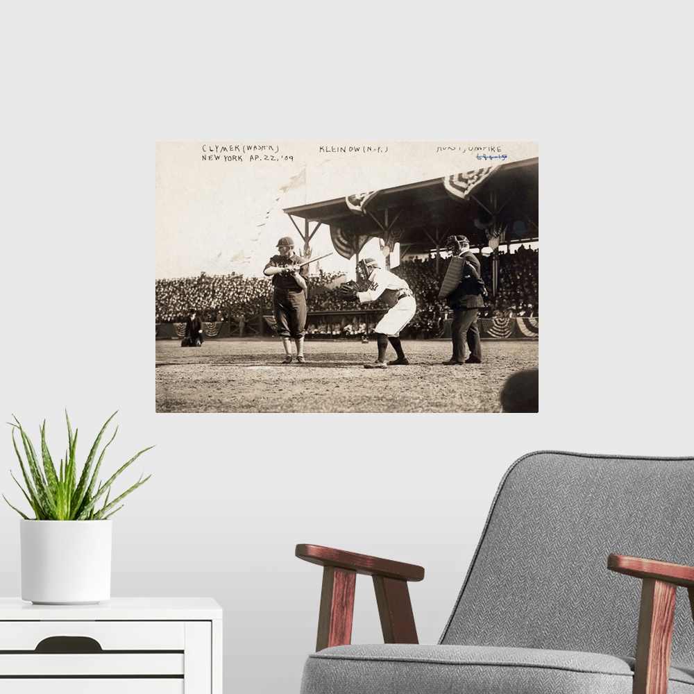 A modern room featuring Baseball game between the Washington Senators and the New York Highlanders, 1909, with Otis Clyme...