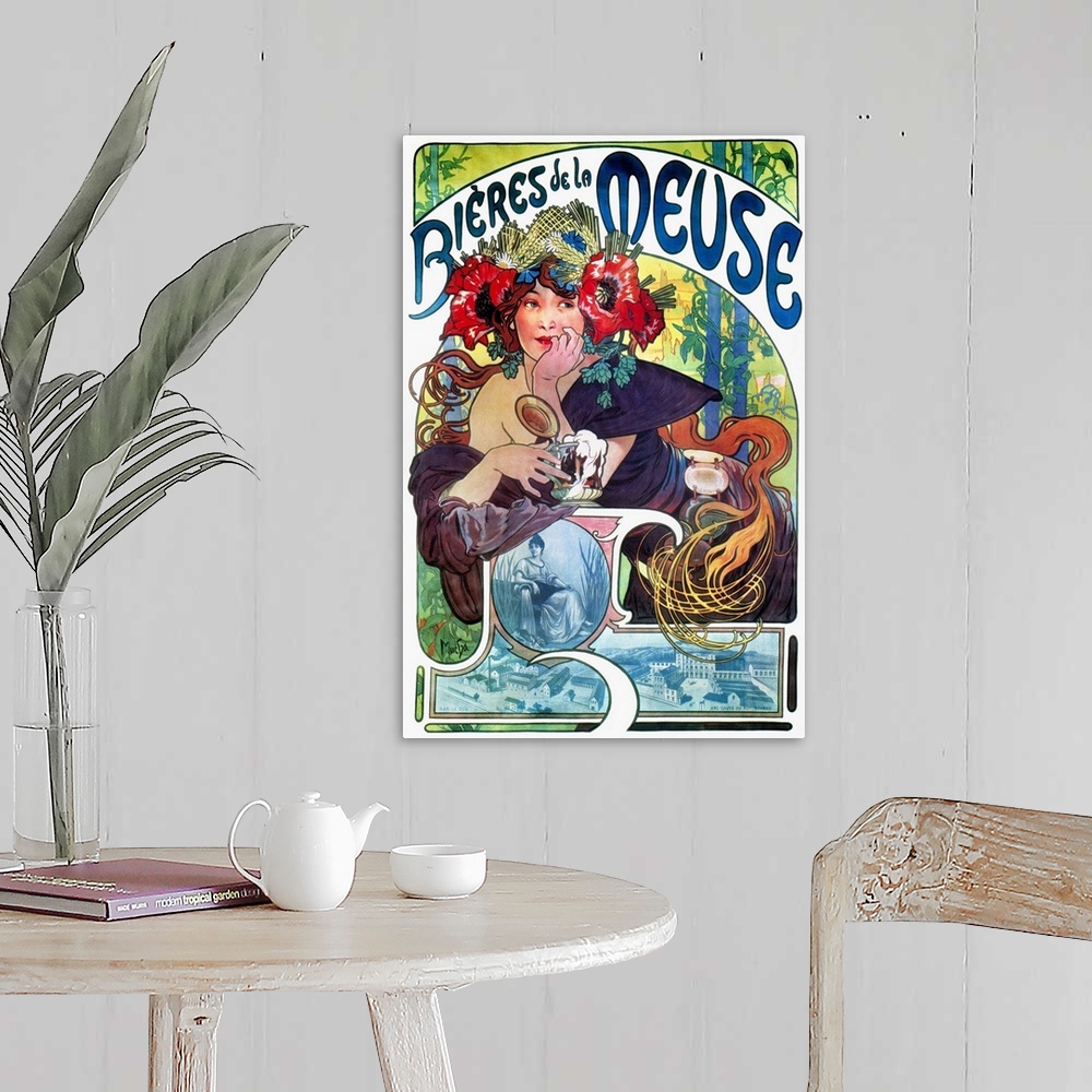 A farmhouse room featuring French lithograph advertising poster, c1897, by Alphonse Mucha for Bieres de la Meuse.