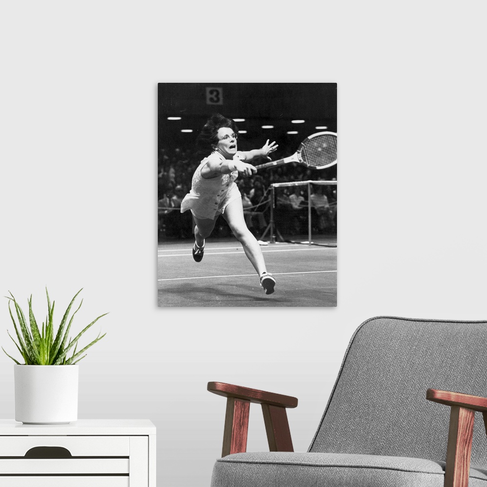 A modern room featuring American tennis player. Photographed during the San Francisco tennis tournament in January 1974.